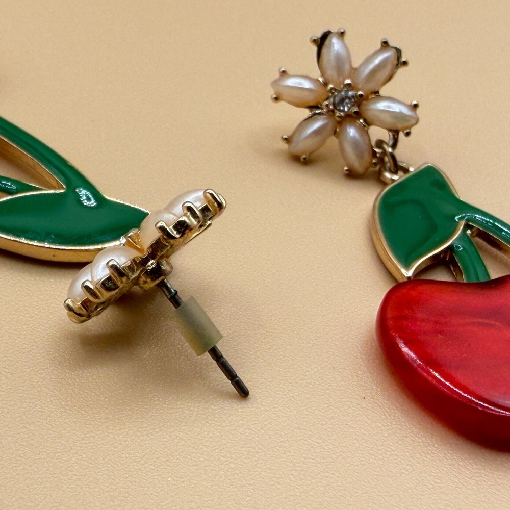 Red Cherry Dangle Earrings Pearl Flower Green Enamel Coquette Statement Gift - Picture 11 of 15